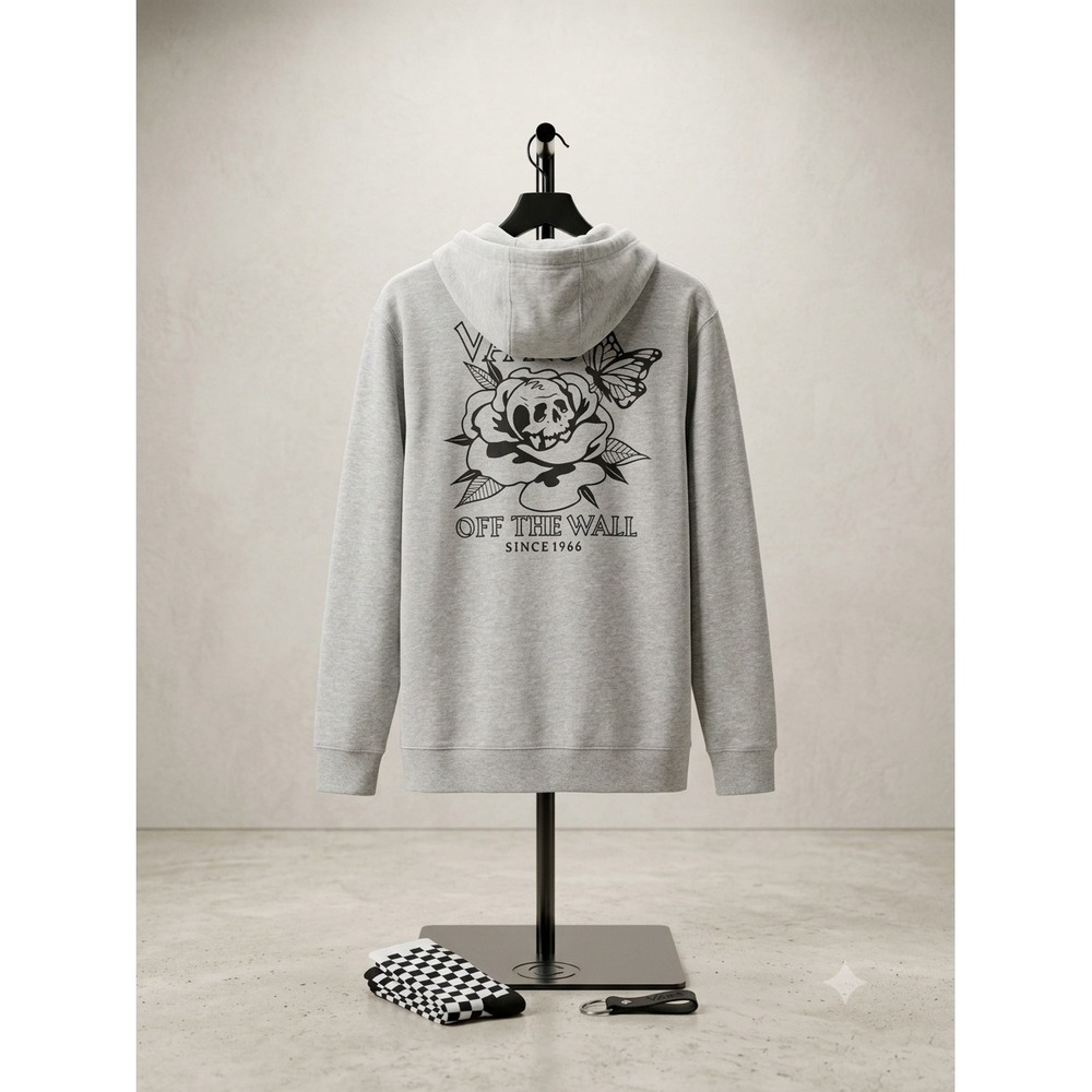 Vans Off The Wall Mens Skull Rose Butterfly Graphic Hoodie Gray Small